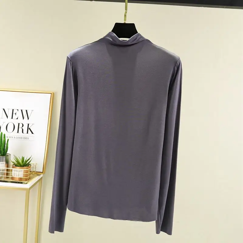 Women Korean Long Sleeve Collar T-Shirt Solid Teal - Image 4
