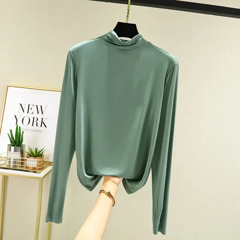Women Korean Long Sleeve Collar T-Shirt Solid Teal - Image 5