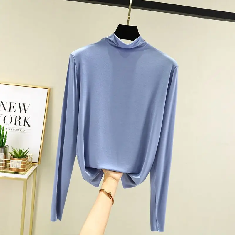 Women Korean Long Sleeve Collar T-Shirt Solid Teal - Image 7