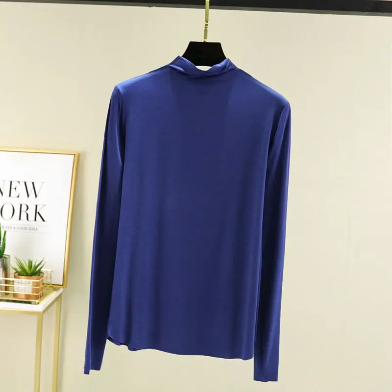Women Korean Long Sleeve Collar T-Shirt Solid Teal - Image 8