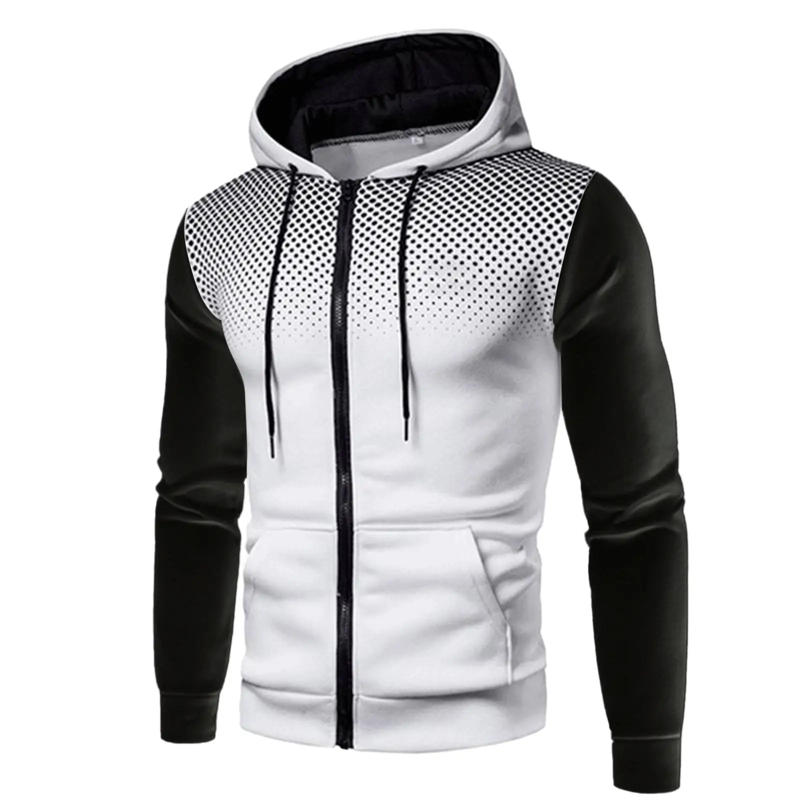 Men's Black White Zipper Hooded Sweatshirt