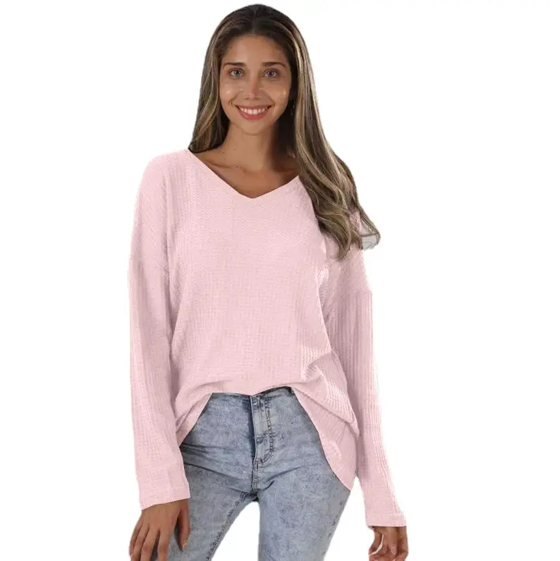 Women's Pink Knitted V Neck Long Sleeve Top Large - Image 10