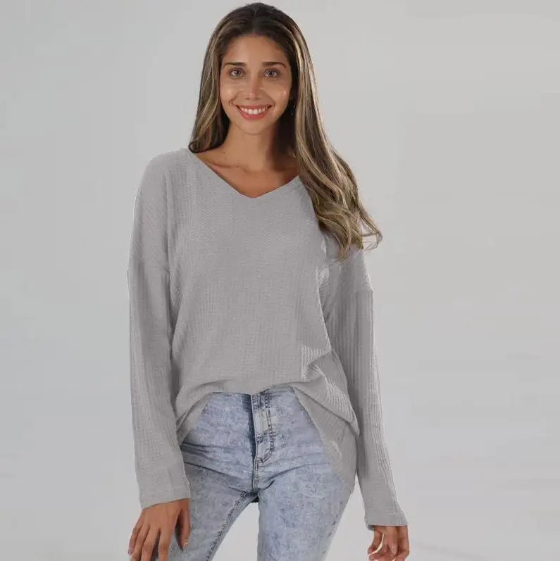 Women's Pink Knitted V Neck Long Sleeve Top Large - Image 3
