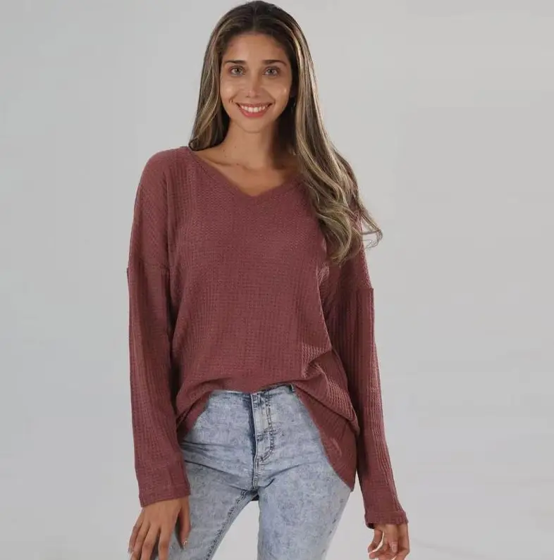 Women's Pink Knitted V Neck Long Sleeve Top Large - Image 6