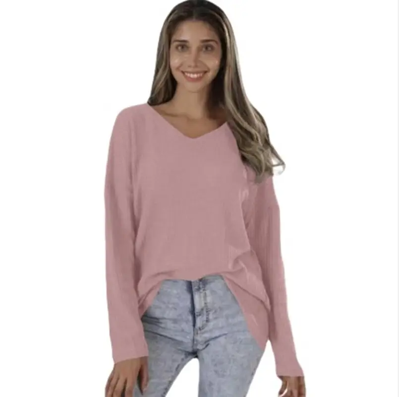 Women's Pink Knitted V Neck Long Sleeve Top Large - Image 8