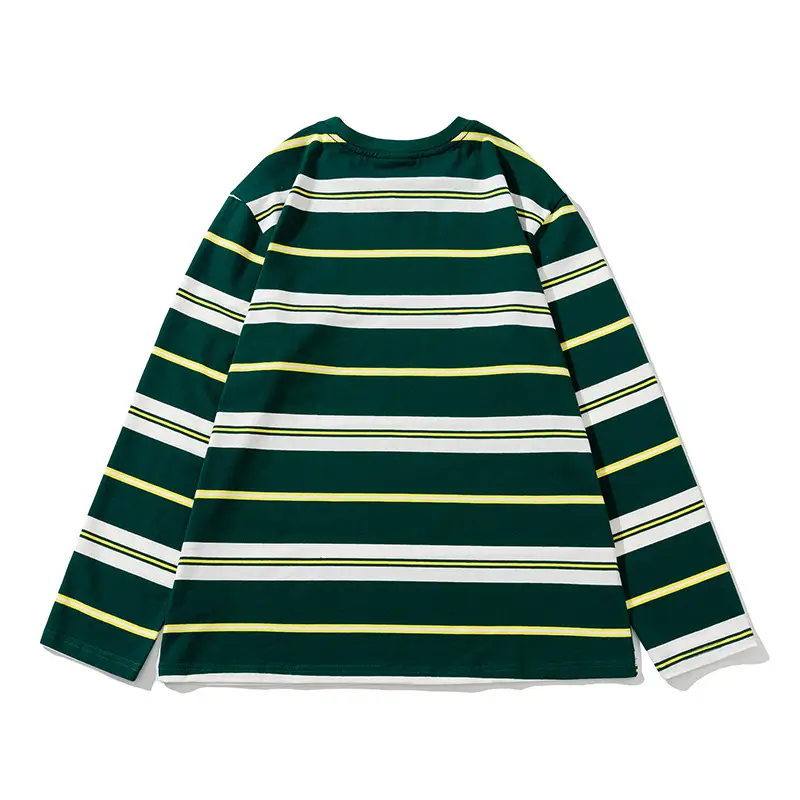 Men Retro Green Yellow Striped Cotton Long Sleeve T-Shirt - Image 4