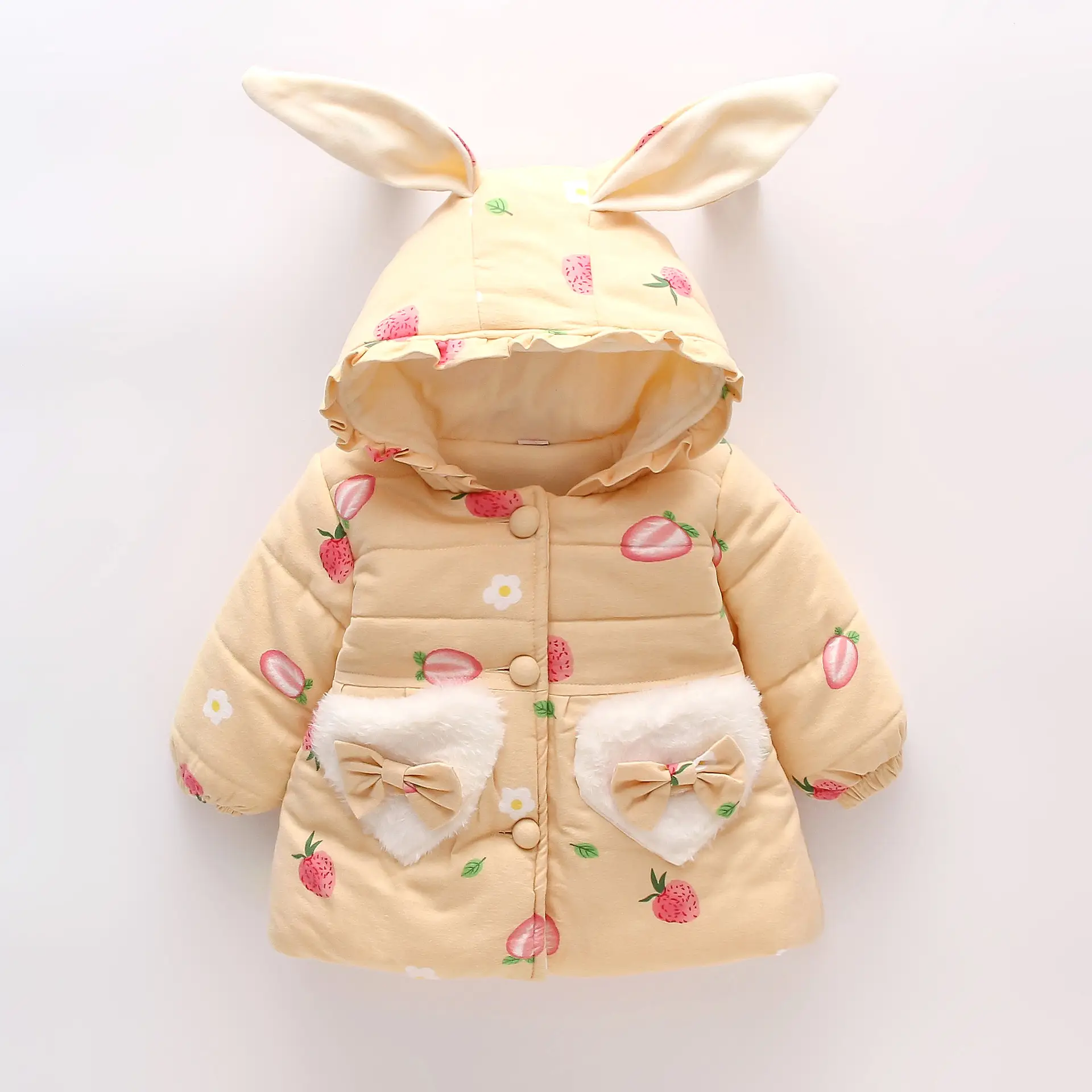 Winter Girls Cotton Hooded Coat Strawberry Print Rabbit Ear Hood - Image 6