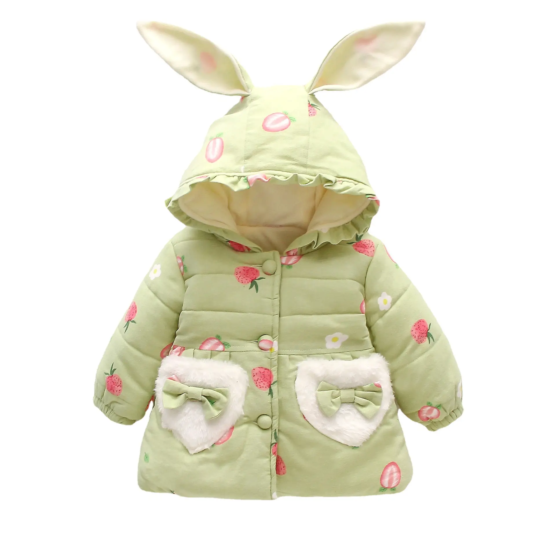 Winter Girls Cotton Hooded Coat Strawberry Print Rabbit Ear Hood - Image 8