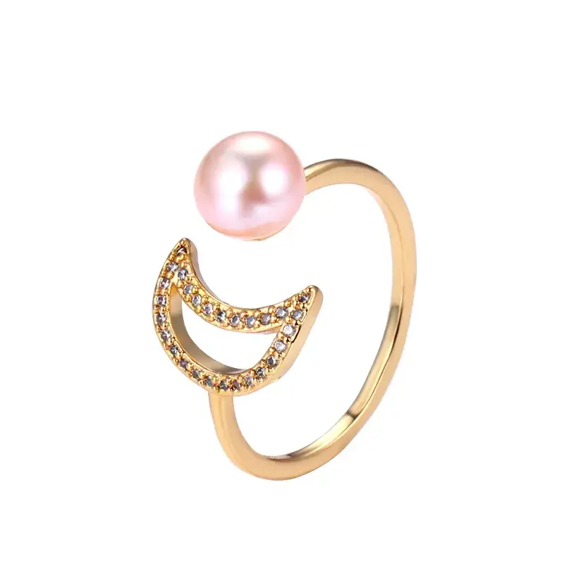 Moon Shaped Gold Pearl Ring for Women