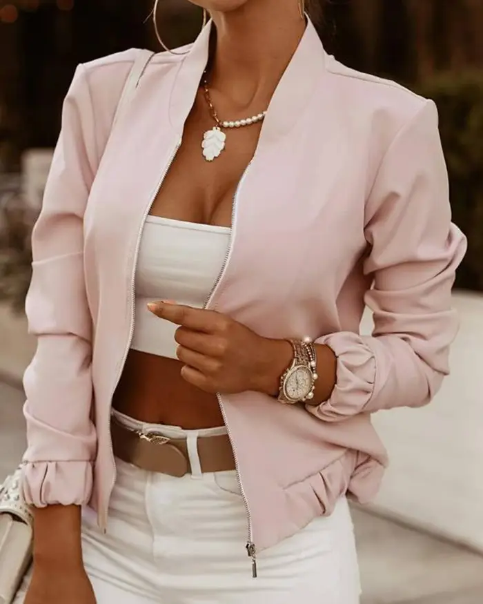 White 2021 Zipper Cardigan Coat with Long Sleeves - Image 2