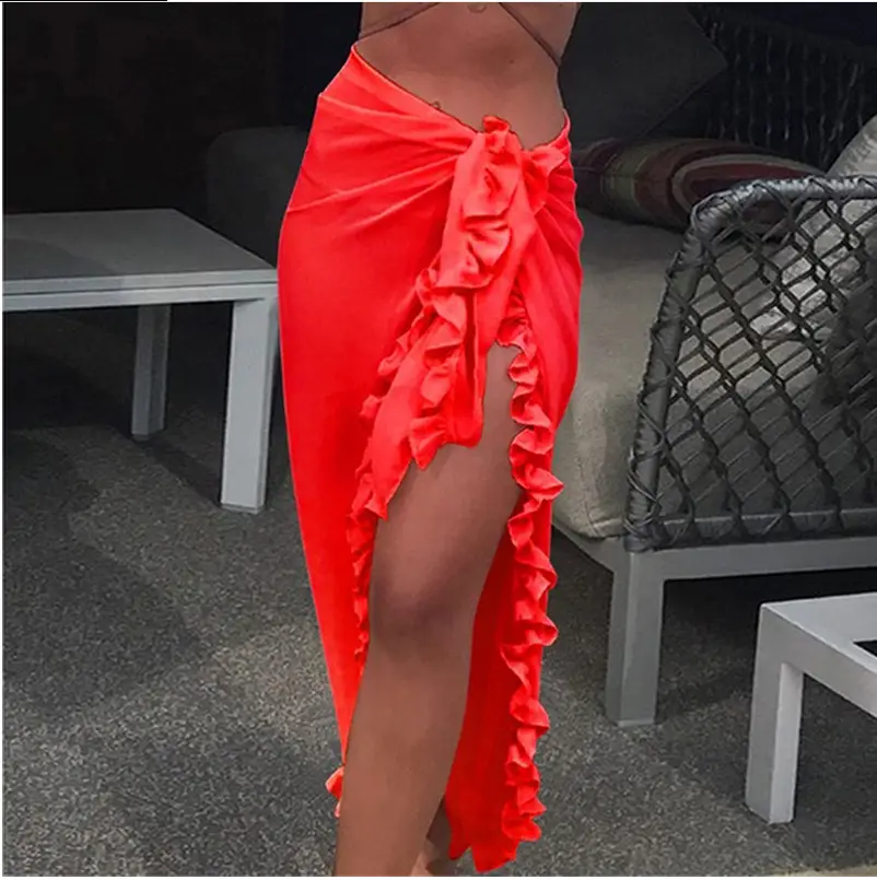 Red Ruffled Chiffon Beach Skirt for Women