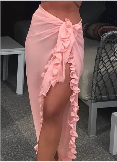 Red Ruffled Chiffon Beach Skirt for Women