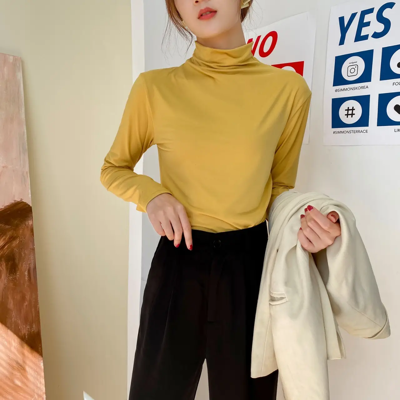 Women Slim Fit Half-High Collar T-Shirt Yellow