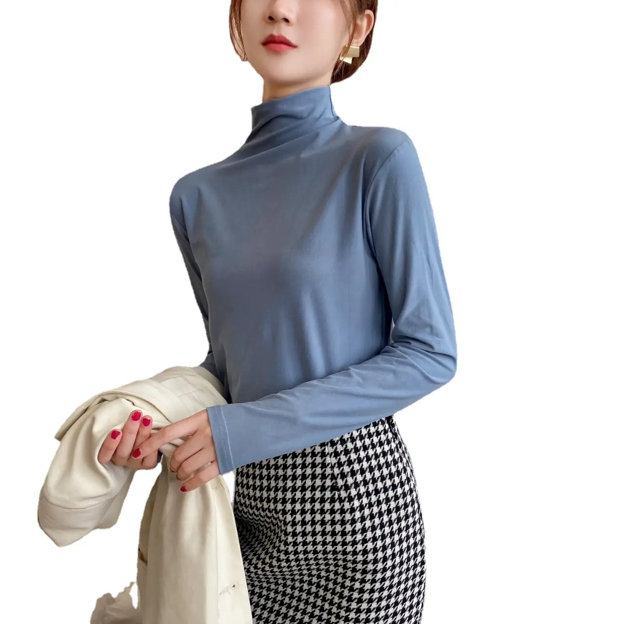 Women Slim Fit Half-High Collar T-Shirt Yellow