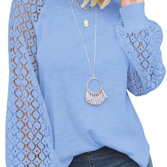 Women's Maroon Lace Long Sleeve Top with Round Neck - Image 10