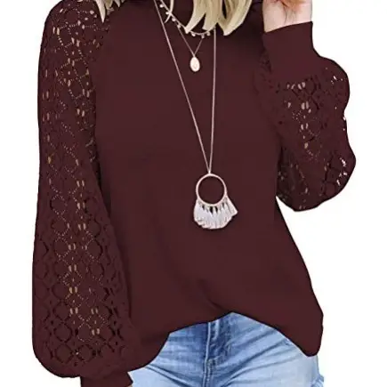 Women's Maroon Lace Long Sleeve Top with Round Neck - Image 11