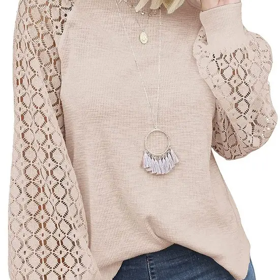 Women's Maroon Lace Long Sleeve Top with Round Neck - Image 12