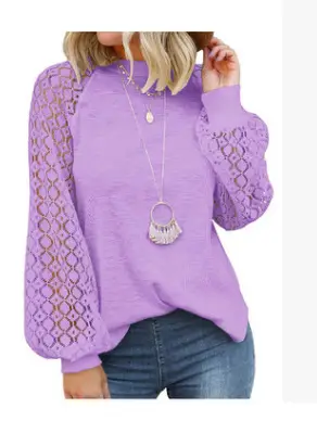 Women's Maroon Lace Long Sleeve Top with Round Neck - Image 6