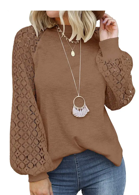 Women's Maroon Lace Long Sleeve Top with Round Neck - Image 5