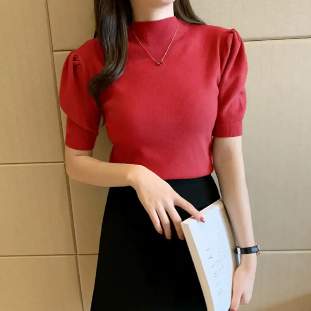 Women's Grey Half Turtleneck Puff Sleeve Knitted T-Shirt - Image 18