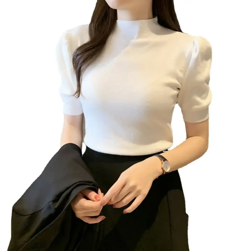 Women's Grey Half Turtleneck Puff Sleeve Knitted T-Shirt - Image 20