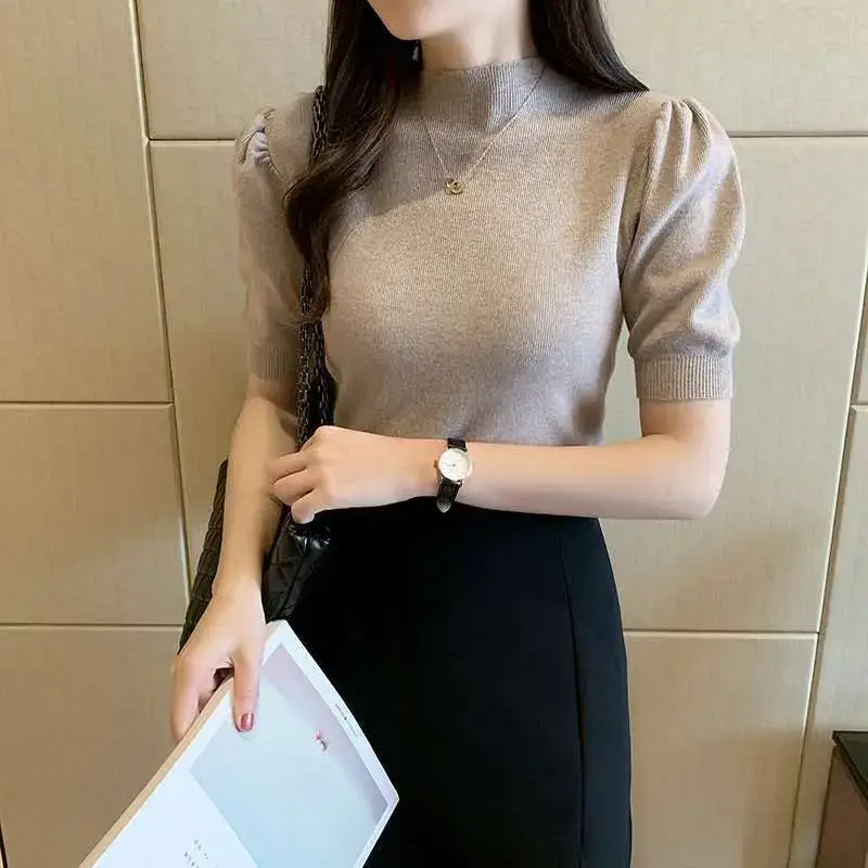 Women's Grey Half Turtleneck Puff Sleeve Knitted T-Shirt - Image 11