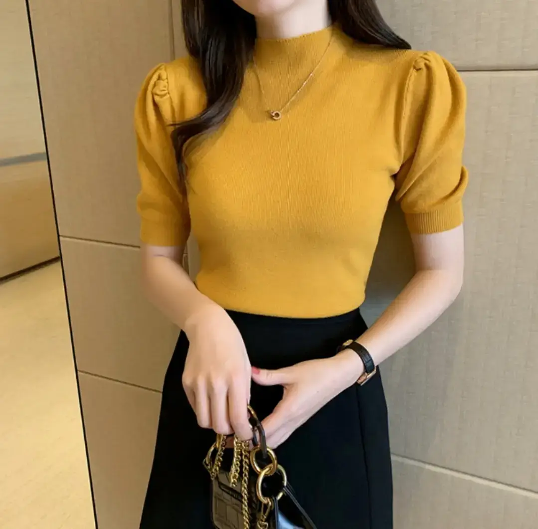 Women's Grey Half Turtleneck Puff Sleeve Knitted T-Shirt - Image 3