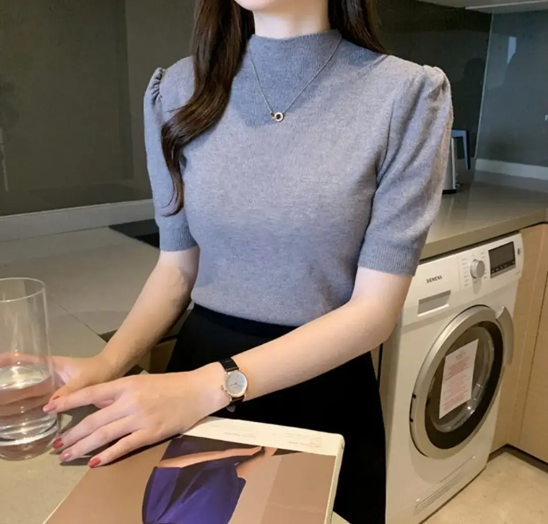 Women's Grey Half Turtleneck Puff Sleeve Knitted T-Shirt - Image 4