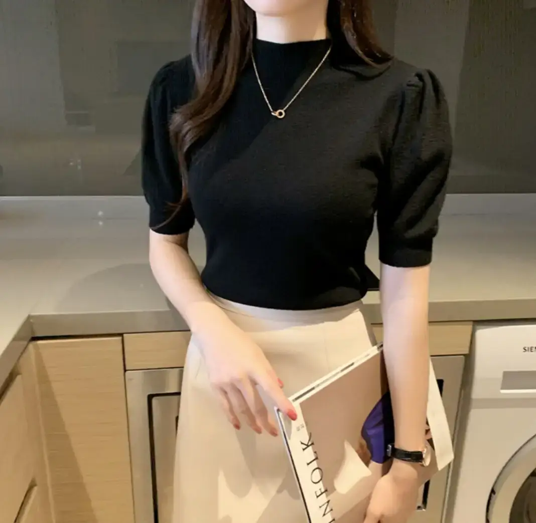 Women's Grey Half Turtleneck Puff Sleeve Knitted T-Shirt - Image 5