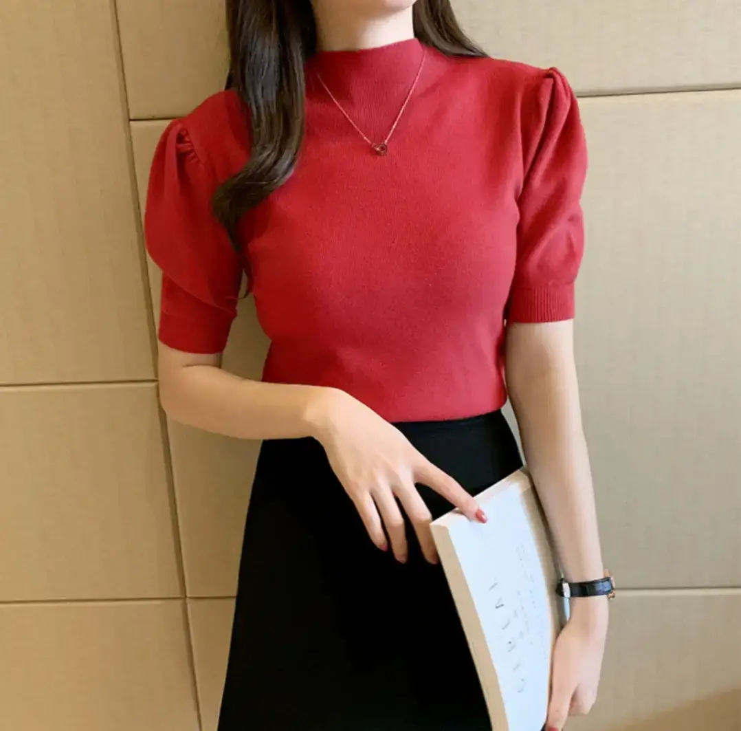 Women's Grey Half Turtleneck Puff Sleeve Knitted T-Shirt - Image 8