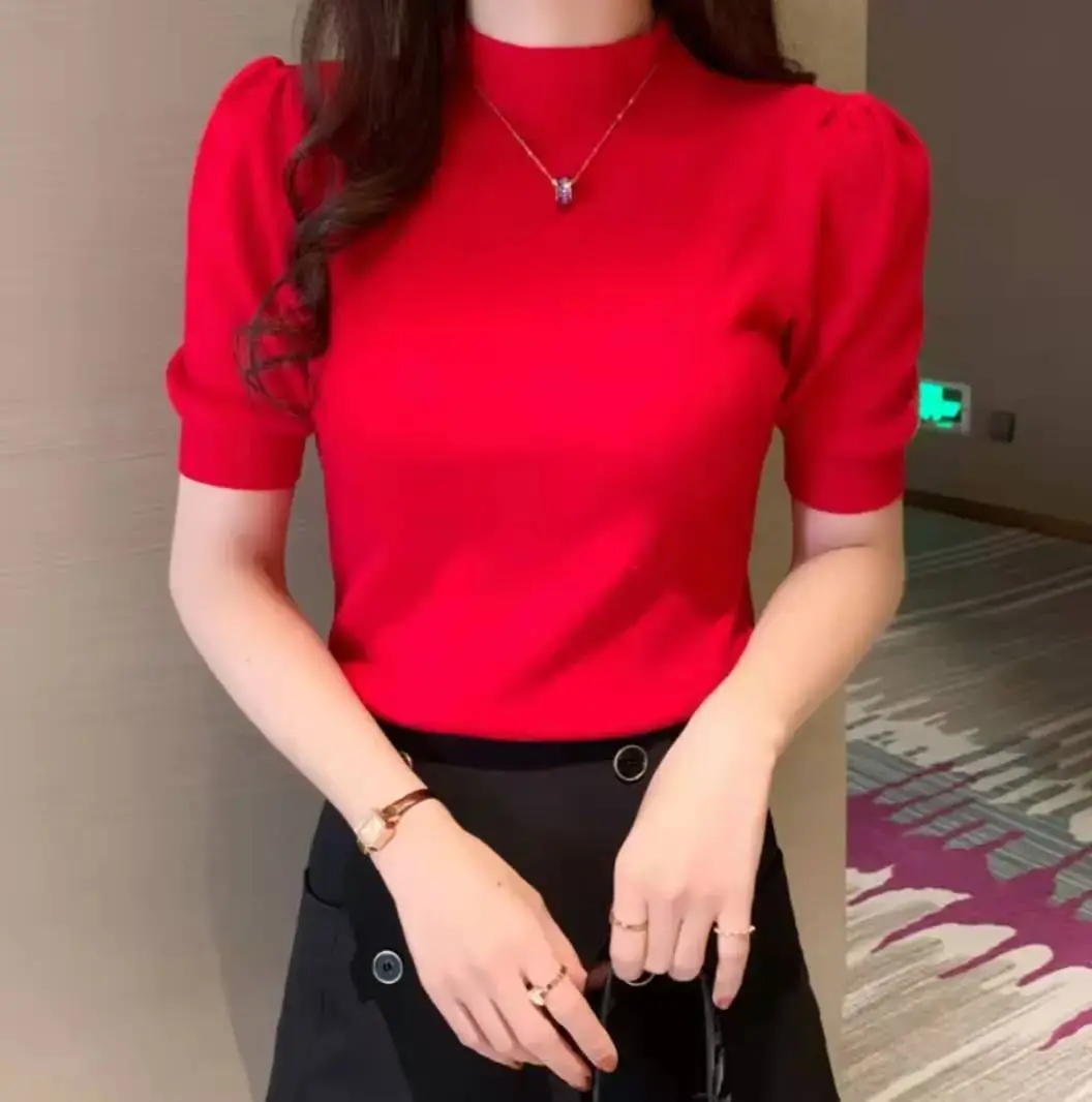 Women's Grey Half Turtleneck Puff Sleeve Knitted T-Shirt - Image 9