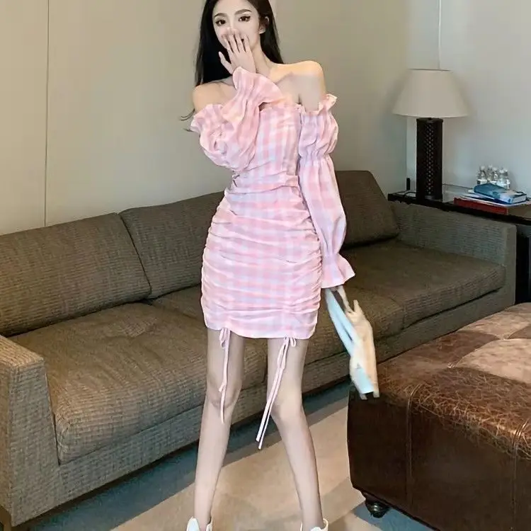 Sweet Spicy One-Line Collar Plaid Dress Autum 2023 - Image 4