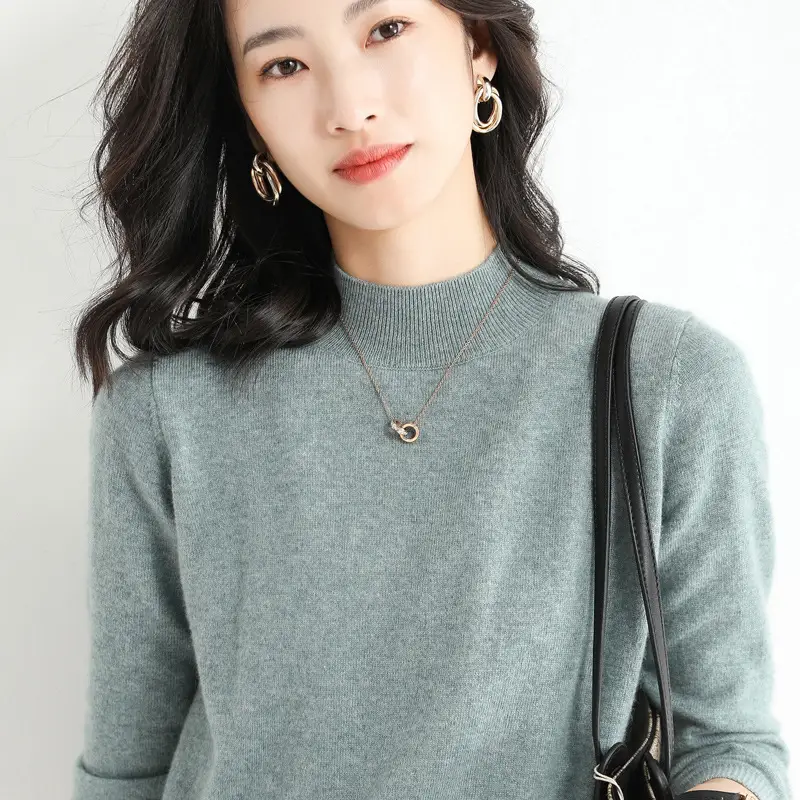 Women's Blue Korean Style Half Turtleneck Pullover Sweater - Image 13