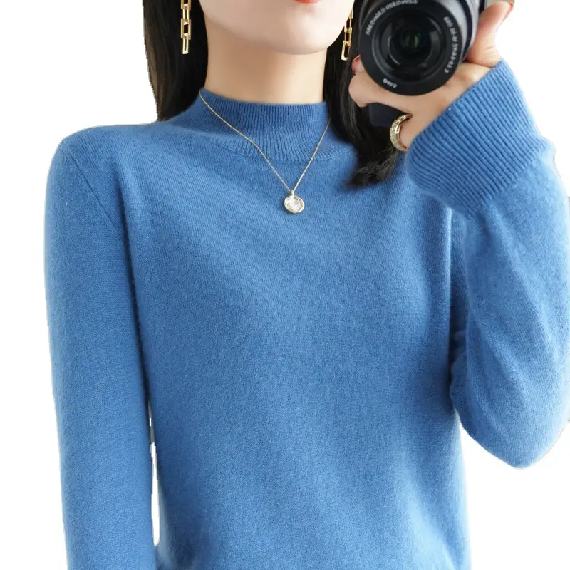 Women's Blue Korean Style Half Turtleneck Pullover Sweater - Image 14