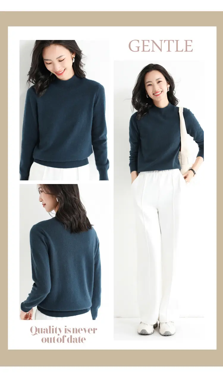 Women's Blue Korean Style Half Turtleneck Pullover Sweater — feature 12