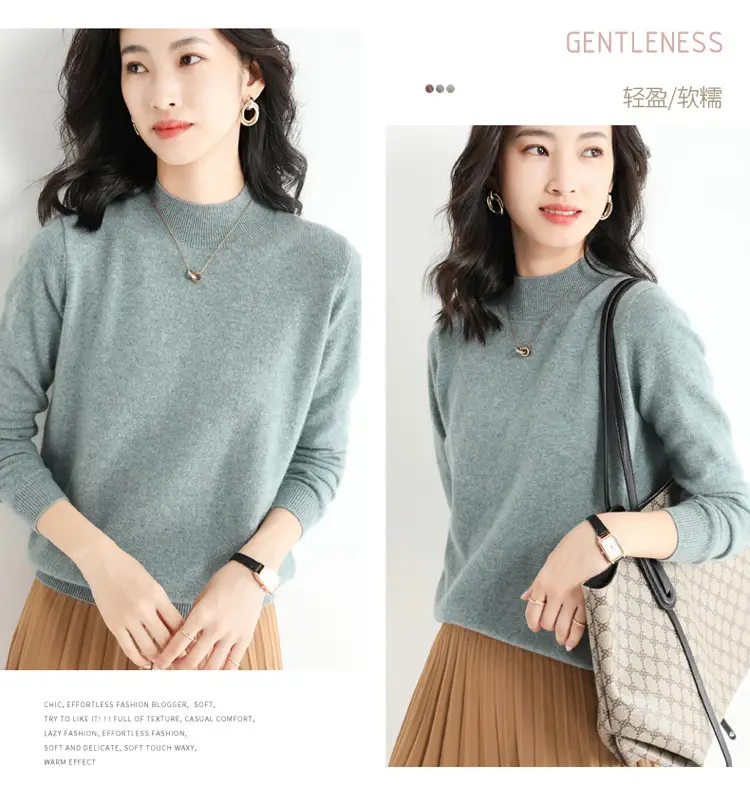 Women's Blue Korean Style Half Turtleneck Pullover Sweater — feature 26