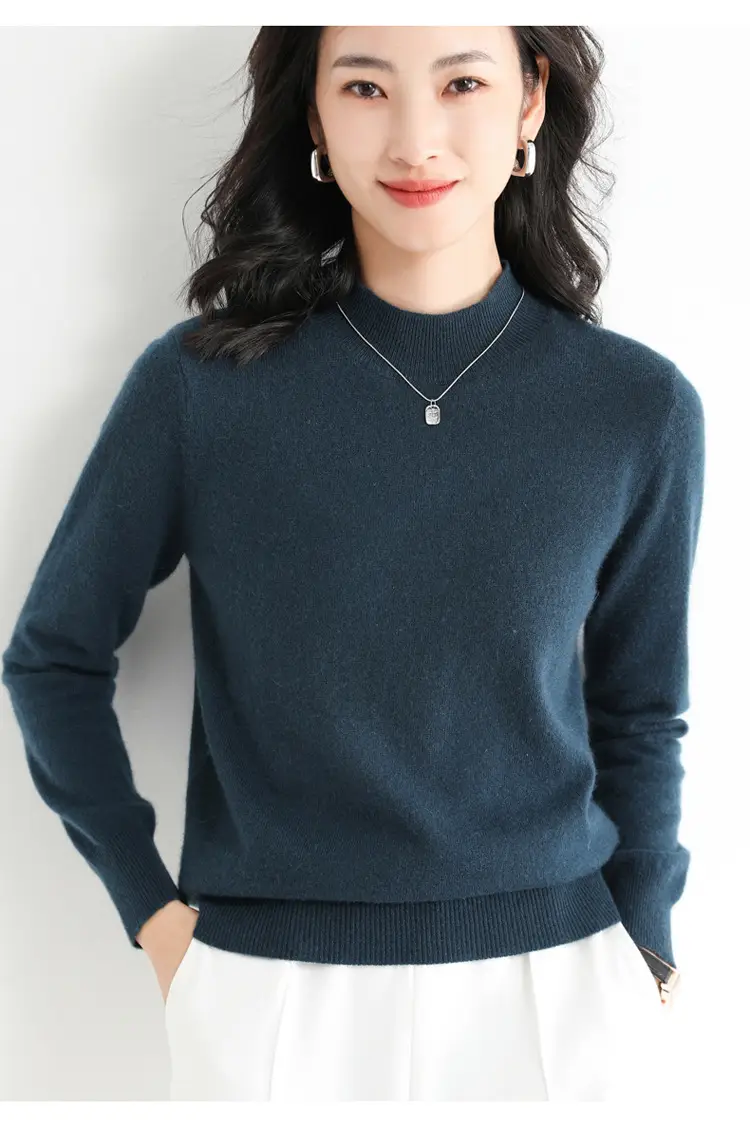 Women's Blue Korean Style Half Turtleneck Pullover Sweater — feature 31
