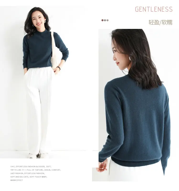 Women's Blue Korean Style Half Turtleneck Pullover Sweater — feature 32