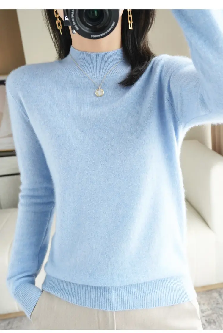 Women's Blue Korean Style Half Turtleneck Pullover Sweater — feature 34