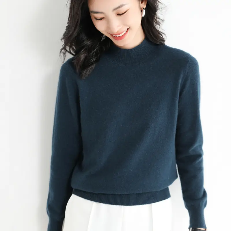 Women's Blue Korean Style Half Turtleneck Pullover Sweater - Image 8