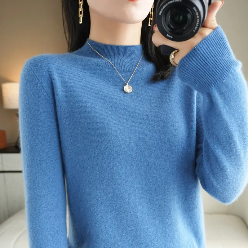 Women's Blue Korean Style Half Turtleneck Pullover Sweater - Image 9