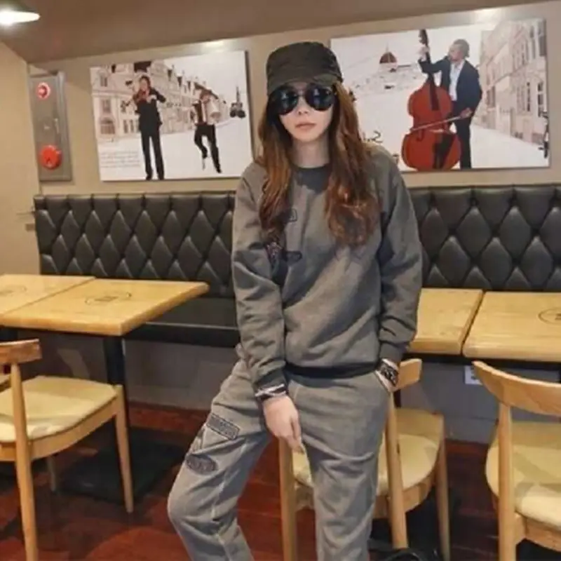Women Casual Sweatshirt Set Grey Black Fleece 2026 - Image 5