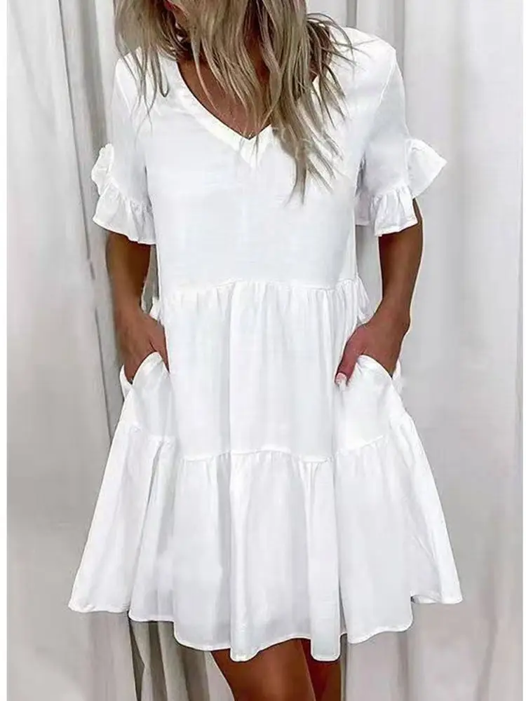 Women White Printed Ruffle Dress Summer Loose V-Neck - Image 12