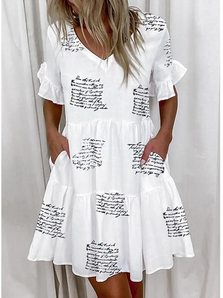 Women White Printed Ruffle Dress Summer Loose V-Neck - Image 13