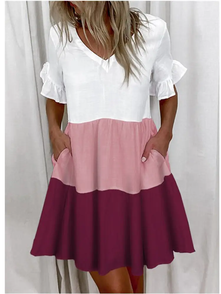 Women White Printed Ruffle Dress Summer Loose V-Neck - Image 14