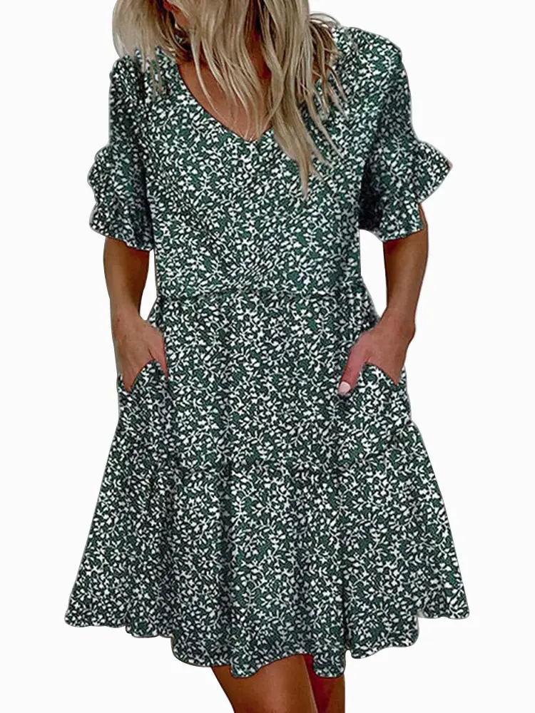 Women White Printed Ruffle Dress Summer Loose V-Neck - Image 15