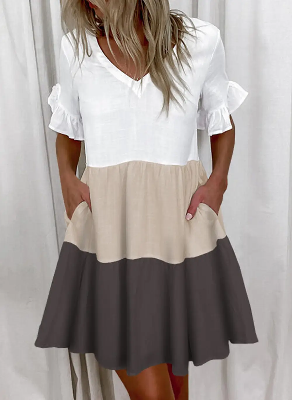 Women White Printed Ruffle Dress Summer Loose V-Neck — feature 13