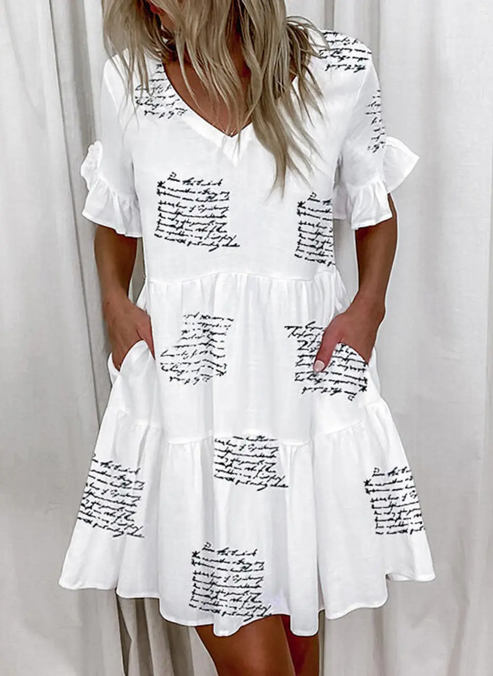 Women White Printed Ruffle Dress Summer Loose V-Neck — feature 14