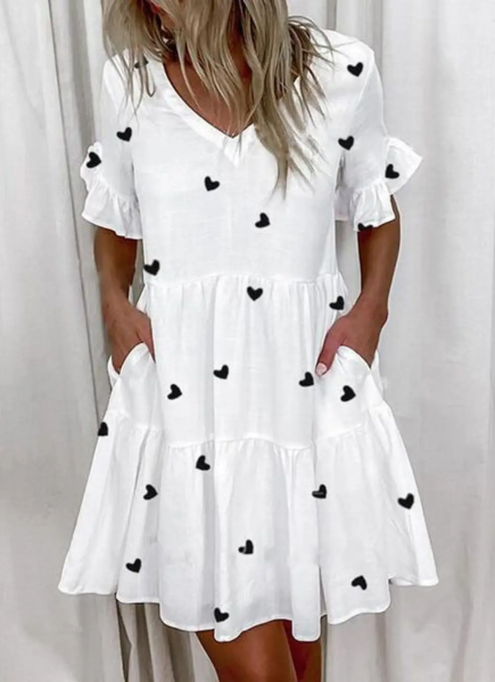 Women White Printed Ruffle Dress Summer Loose V-Neck — feature 4