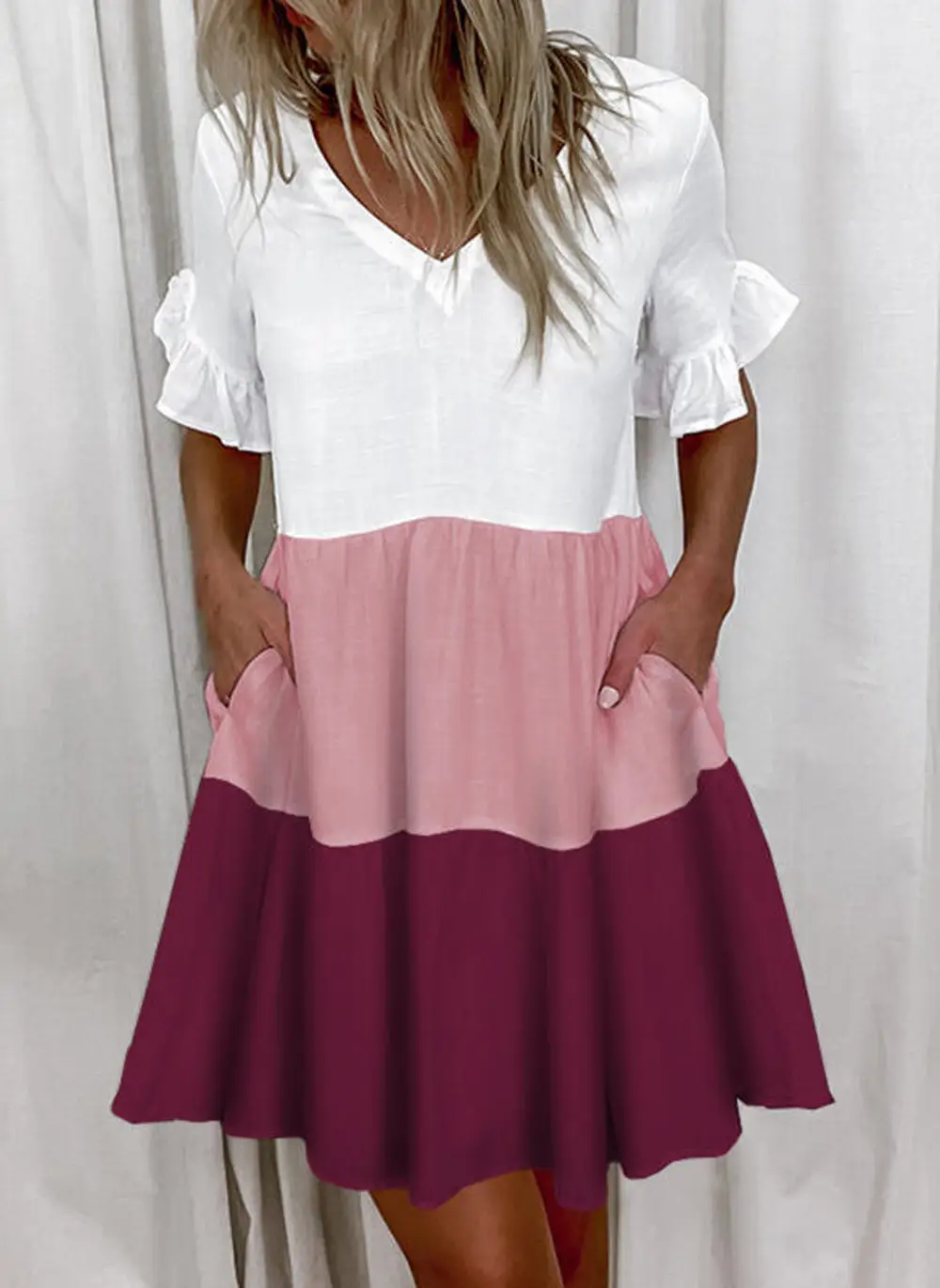 Women White Printed Ruffle Dress Summer Loose V-Neck — feature 6